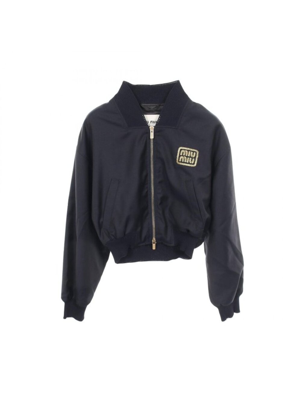 Miu Miu Jacket Logo Embroidery Cropped Navy Wool Bomber